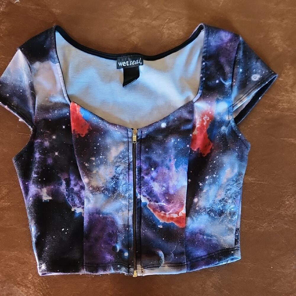 Wet Seal Galaxy Zip-Front Crop Top in Purple, Blue & Red